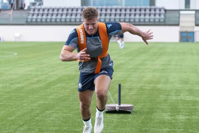 Scotland centre Huw Jones is put through his paces during a fitness session at Oriam. Picture: Bill Murray/SNS/SRU