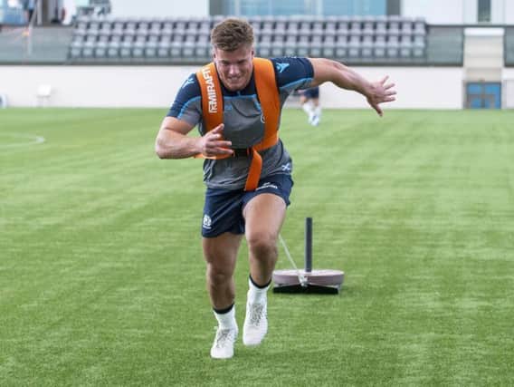 Scotland centre Huw Jones is put through his paces during a fitness session at Oriam. Picture: Bill Murray/SNS/SRU