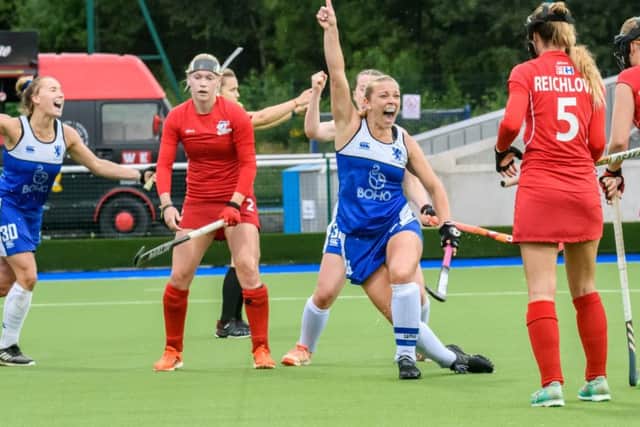 Scotland captain Kaz Cuthbert celebrates her goal against Czech Republic. Picture: Duncan Gray/Scottish Hockey