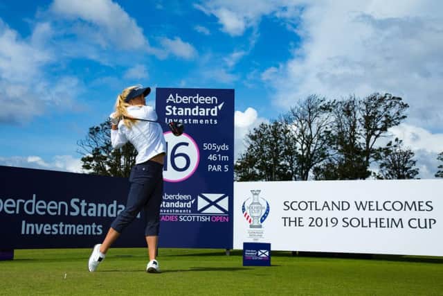 Carly Booth tees off on the 16th hole during the pro-am at the Aberdeen Standard Investments Ladies Scottish Open. Picture: Tristan Jones