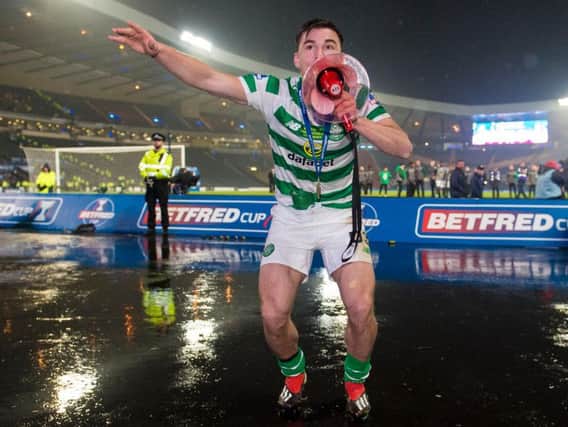 Kieran Tierney celebrating after Celtic won the 2018 Betfred Cup final.