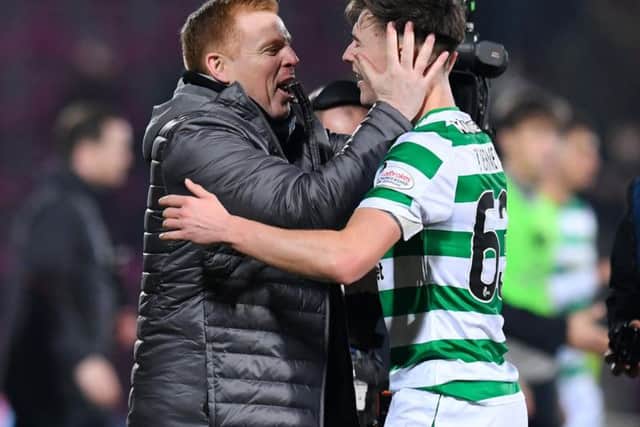 Celtic boss Neil Lennon with Kieran Tierney.