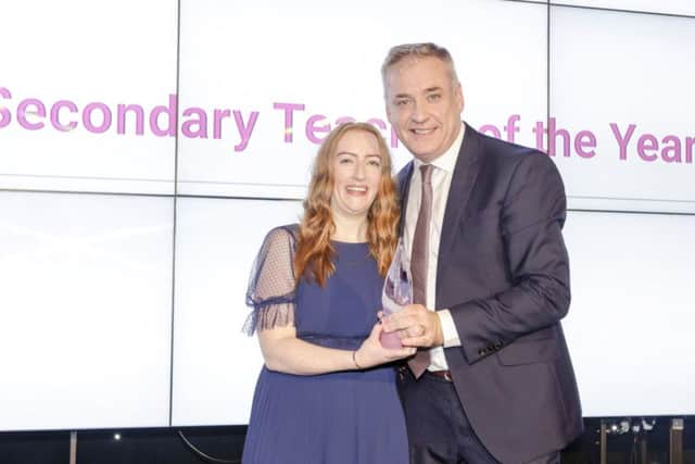Toni Scullion of St Kentigerns Academy at 2018 SWiT Awards with MSP Richard Lochhead. Picture: David Ho