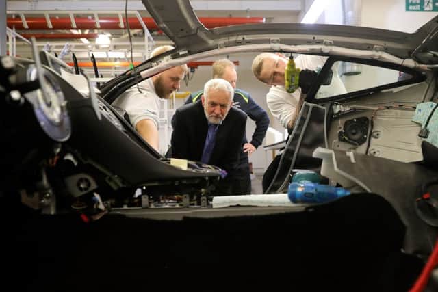 Labour Leader Jeremy Corbyn visits luxury car maker Aston Martin. Production output in the UK fell by 1.4 per cent, with manufacturing showing a 2.3 per cent decline.(Photo by Christopher Furlong/Getty Images)