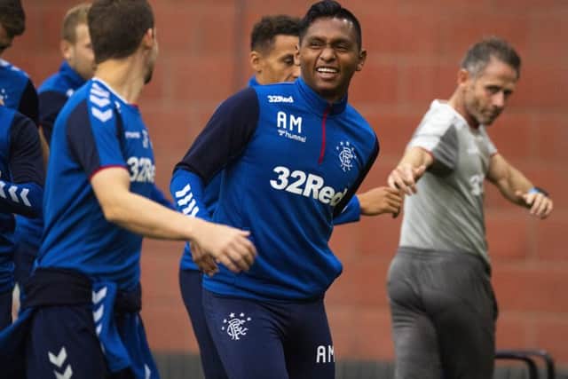 Rangers' Alfredo Morelos in upbeat mood during training. Picture: SNS