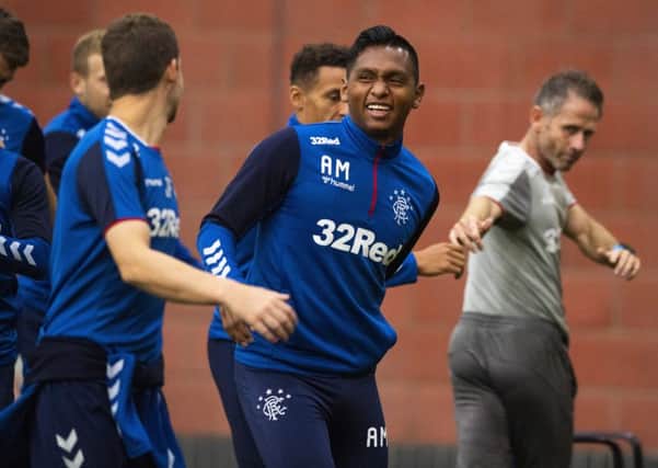 Rangers' Alfredo Morelos in upbeat mood during training. Picture: SNS
