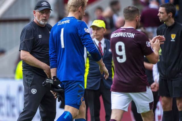 Hearts manager Craig Levein speaks to Zdenek Zlamal and Conor Washington at full time. Picture: Bill Murray/SNS