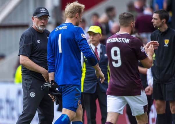 Hearts manager Craig Levein speaks to Zdenek Zlamal and Conor Washington at full time. Picture: Bill Murray/SNS