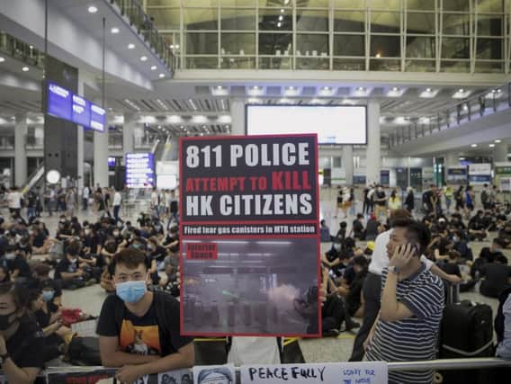 Hong Kong International Airport said in a statement that Monday's demonstration "seriously disrupted" airport operations. Picture: AP