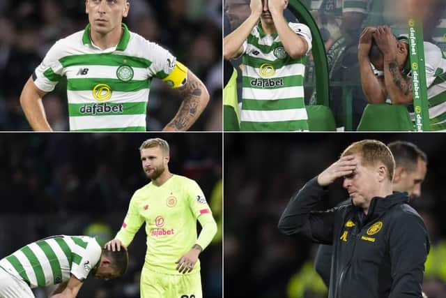 Clockwise from top left: Scott Brown looks dejected, Mikey Johnston and Brown can't watch, Neil Lennon feels the pressure and Scott Bain consoles Ryan Christie
