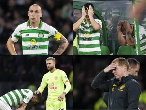 Clockwise from top left: Scott Brown looks dejected, Mikey Johnston and Brown can't watch, Neil Lennon feels the pressure and Scott Bain consoles Ryan Christie