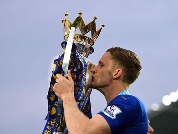 Andy King celebrating Leicester City's title success in 2016.