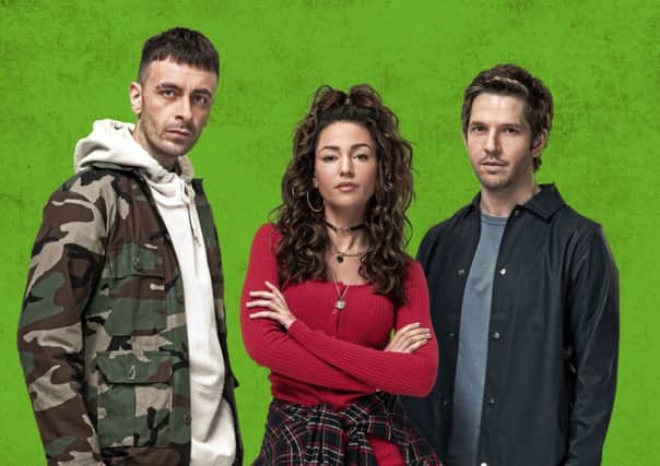 Pictured: (L-R) Joe Gilgun as Vinne, Michelle Keegan as Erin, Damien Molony as Dylan. Picture: PA Photo/Sky UK Limited/Justin Downing
