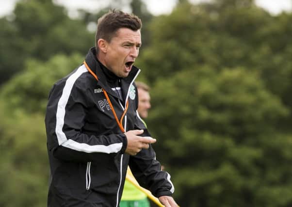 Hibs manager Paul Heckingbottom shouts out in training. Picture: Bruce White/SNS
