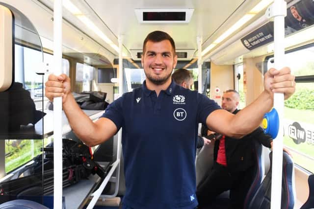 Stuart McInally and the Scotland team took the tram to Edinburgh Airport to catch their flight to Nice. Picture: SNS