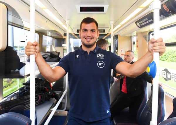 Stuart McInally and the Scotland team took the tram to Edinburgh Airport to catch their flight to Nice. Picture: SNS