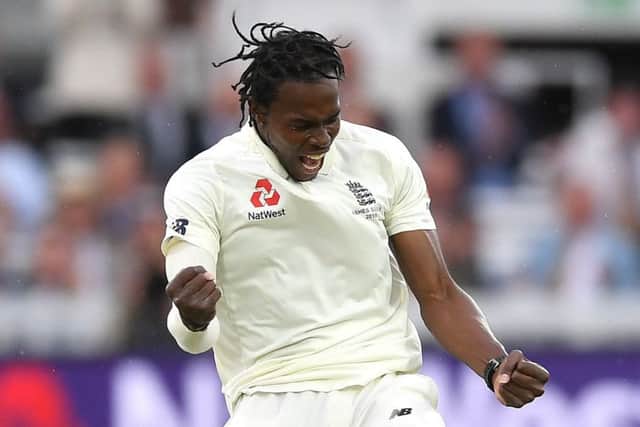 Jofra Archer celebrates after dismissing Cameron Bancroft for 13 on a rain-hit day at Lord's. Picture: Gareth Copley/Getty Images