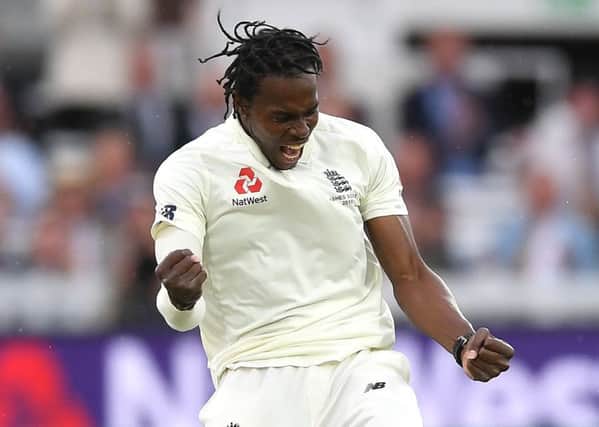 Jofra Archer celebrates after dismissing Cameron Bancroft for 13 on a rain-hit day at Lord's. Picture: Gareth Copley/Getty Images