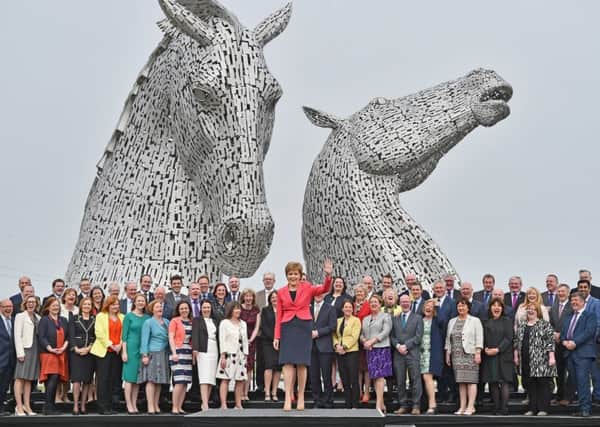 Sturgeon at The Kelpies in Falkirk with 63 MSPs, 27 of them women, after losing her majority in the 2016 election. Picture: Jeff J Mitchell/Getty