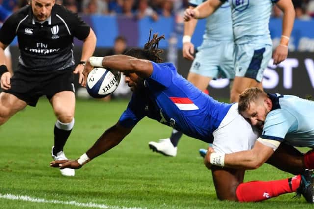 France's wing Alivereti Raka scores a debut try against Scotland. Picture: Pascal Guyot/AFP