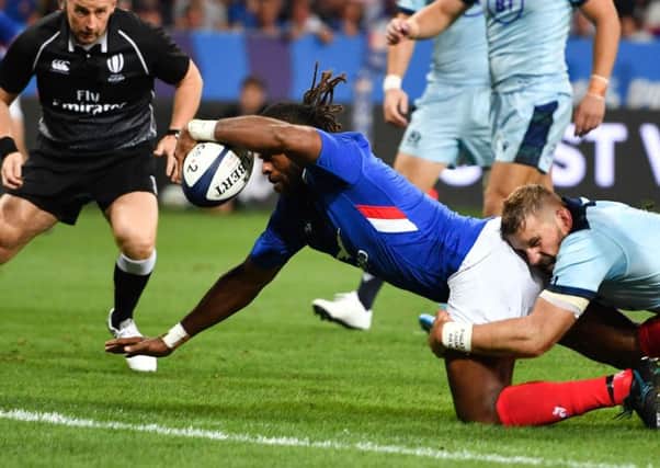 France's wing Alivereti Raka scores a debut try against Scotland. Picture: Pascal Guyot/AFP