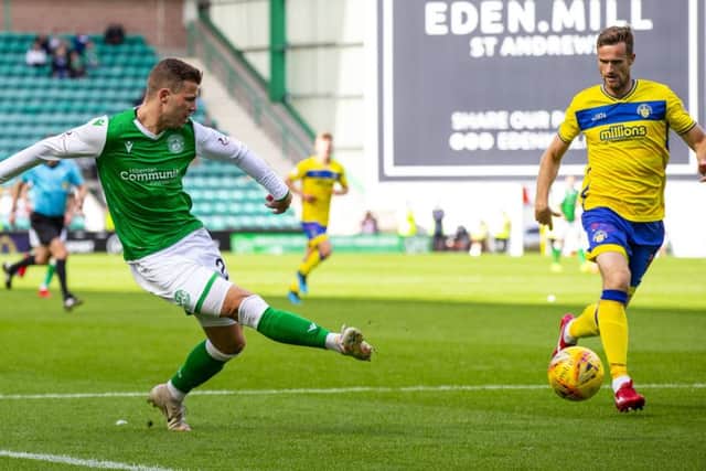Florian Kamberi strokes home the first of his two goals to put Hibs 3-2 ahead at Easter Road. Picture: Bruce White/SNS
