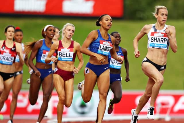 Lynsey Sharp, right, finished second in the 800m at the Muller Birmingham Grand Prix and Diamond League event at Alexander Stadium. Picture: Michael Steele/Getty Images