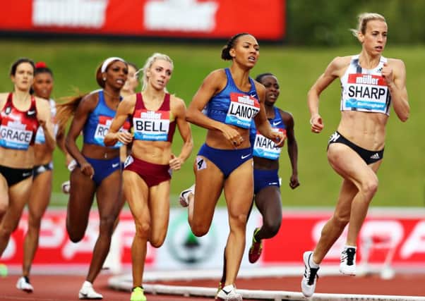 Lynsey Sharp, right, finished second in the 800m at the Muller Birmingham Grand Prix and Diamond League event at Alexander Stadium. Picture: Michael Steele/Getty Images