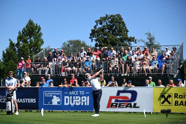 Liam Johnston tees off on the first during the final round of the D+D Real Czech Masters at Albatross Golf Resort in Prague. Picture: Ross Kinnaird/Getty Images