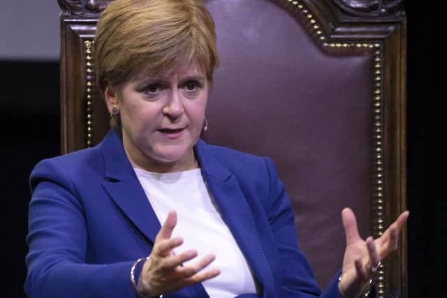 Scotland's First Minister Nicola Sturgeon on stage as she is interviewed by journalist Graham Spiers, during an Edinburgh Festival discussion event at The Stand's New Town Theatre, Edinburgh. Picture: Jane Barlow/PA Wire