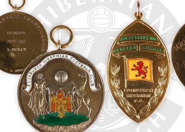 The medals which Lawrie Reilly won for Hibs' consecutive league title successes in 1951 and 1952.