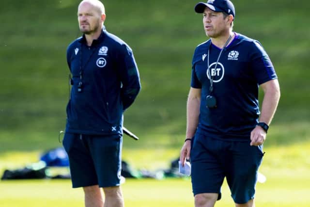 Scotland defence expert Matt Taylor, right, with head coach Gregor Townsend. Picture: Craig Williamson/SNS