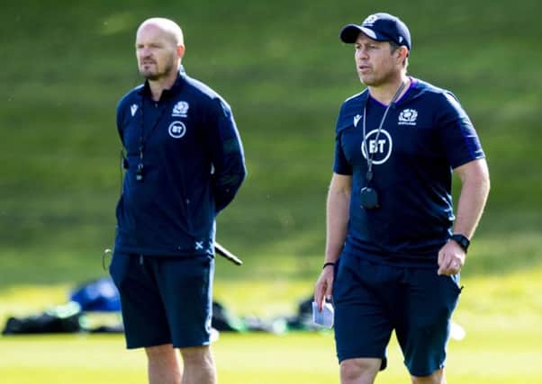 Scotland defence expert Matt Taylor, right, with head coach Gregor Townsend. Picture: Craig Williamson/SNS
