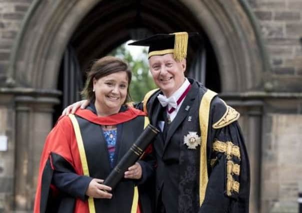 Sir Kenneth with his daughter, stand-up and broadcaster Susan Calman, last year after she was awarded an honorary degree from Glasgow University. As chancellor, he presented her with the honour.