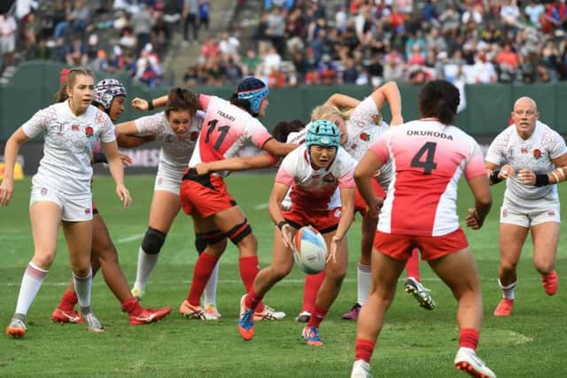England take on Japan during the Women's Challenge Final at the Rugby Sevens World Cup 2018