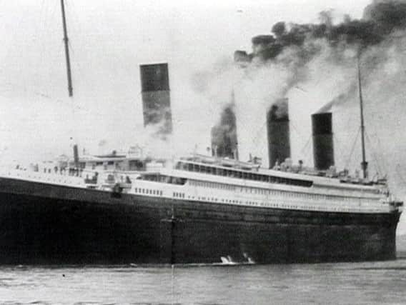 A black-and-white image of the Titanic's maiden and only voyage