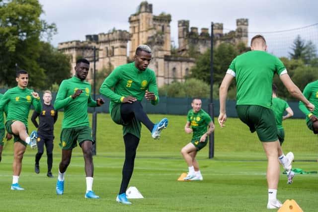 Boli Bolingoli, centre, has been training well ahead of the Europa League play-off against AIK, according to Celtic manager Neil Lennon. Picture: Craig Williamson/SNS