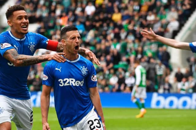 Jason Holt celebrates scoring for Rangers in the 5-5 draw with Hibs at the end of the 2017/18 season