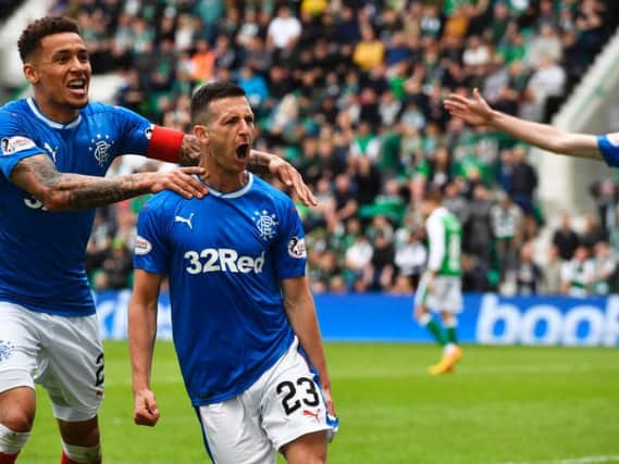 Jason Holt celebrates scoring for Rangers in the 5-5 draw with Hibs at the end of the 2017/18 season