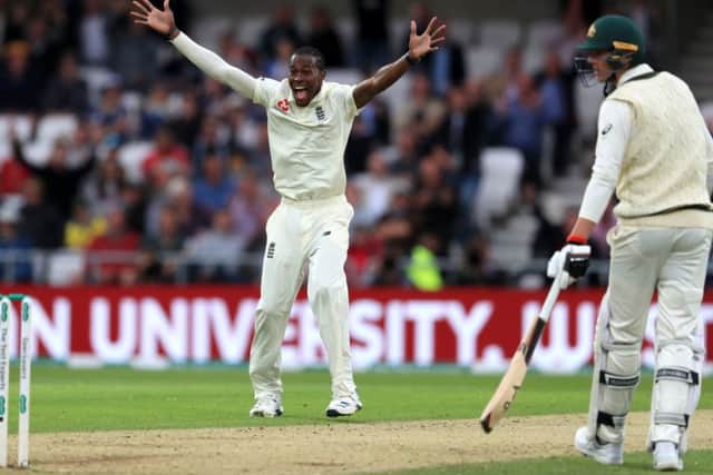 Jofra Archer celebrates taking the wicket of Nathan Lyon on the first day of the third Ashes Test at Headingley. Picture: PA.