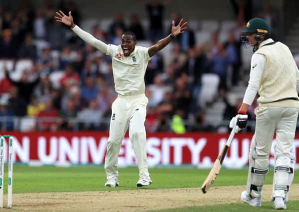Jofra Archer celebrates taking the wicket of Nathan Lyon on the first day of the third Ashes Test at Headingley. Picture: PA.