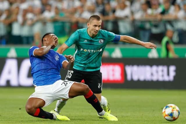 Alfredo Morelos in action during the play-off draw with Legia Warsaw. Picture: PressFocus/Shutterstock