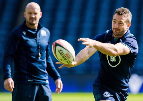 Greig Laidlaw in training at Murrayfield as Scotland head coach Gregor Townsend watches on. Picture: Ross Parker/SNS