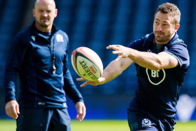 Greig Laidlaw in training at Murrayfield as Scotland head coach Gregor Townsend watches on. Picture: Ross Parker/SNS