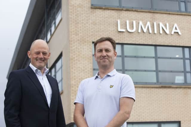Grant Edmondson (left) of Frasers and Paul Donohoe of Beeks outside the Lumina building at Hillington Park. Picture: Contributed