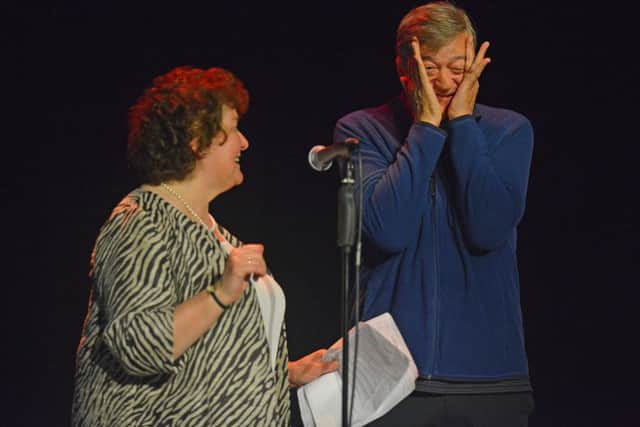 Stephen Fry gets embarrassed when the audience sing Happy Birthday to him. Picture: TSPL