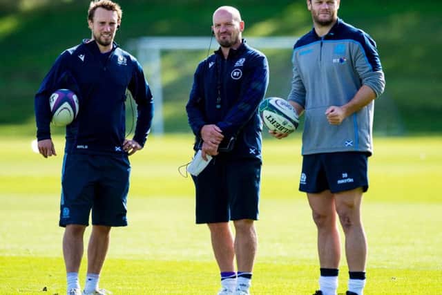 Scotland skills coach Mike Blair, left, with head coach Gregor Townsend, centre, and player Duncan Taylor. Picture: SNS