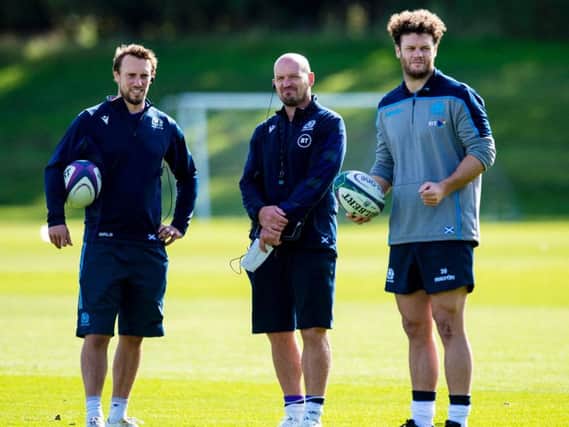 Scotland skills coach Mike Blair, left, with head coach Gregor Townsend, centre, and player Duncan Taylor. Picture: SNS