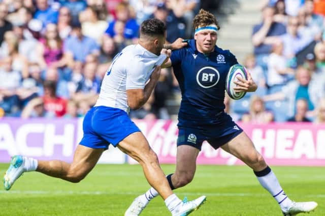 Hamish Watson makes a break during Scotlands victory over France  at BT Murrayfield. Picture: SNS/SRU.