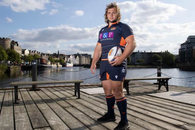 South African loosehead Pierre Schoeman at the Shore in Leith, modelling the new Edinburgh home kit. Picture: Craig Foy/SNS